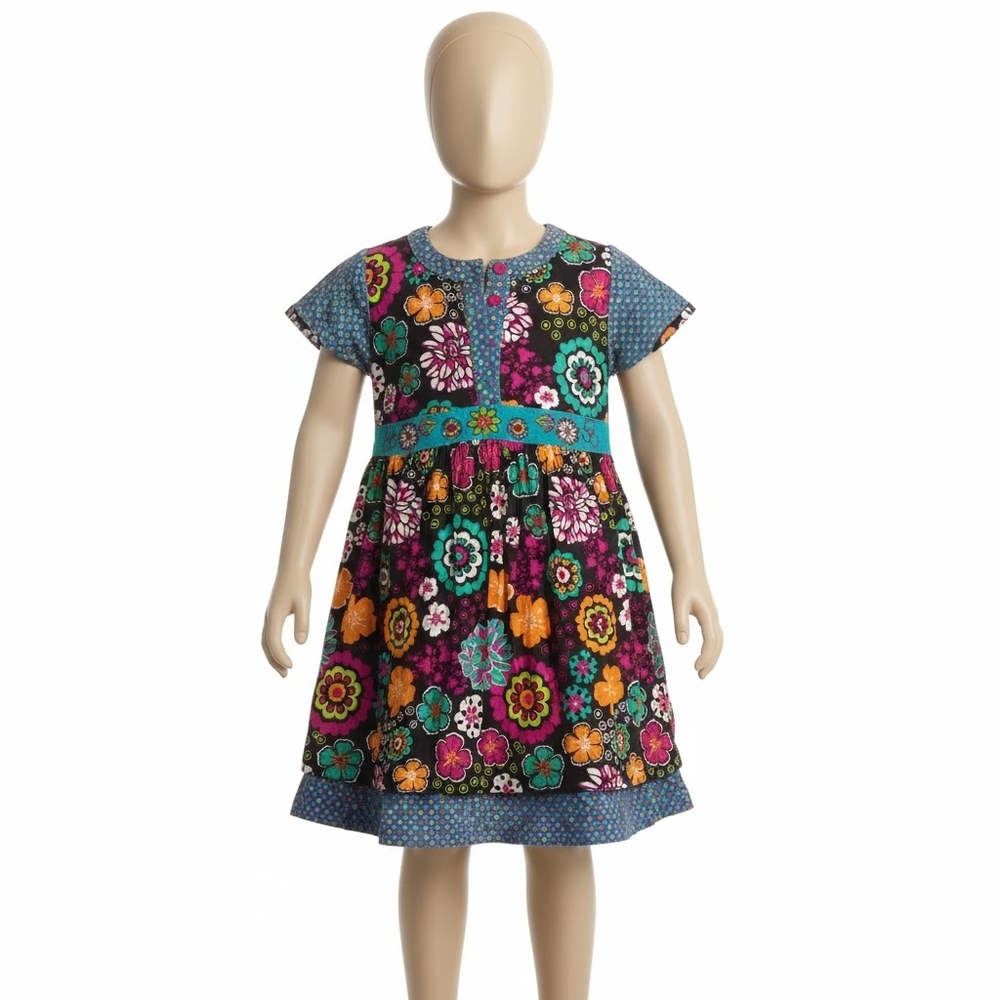 Me Too Floral Kids Dress with Blue Trim